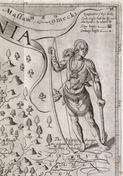 Susquehannock-sotilas, yksityiskohta Virginian kartasta, kaivertanut William Hole (fl. 1607-24), julkaistu 1612 (katso 174211)